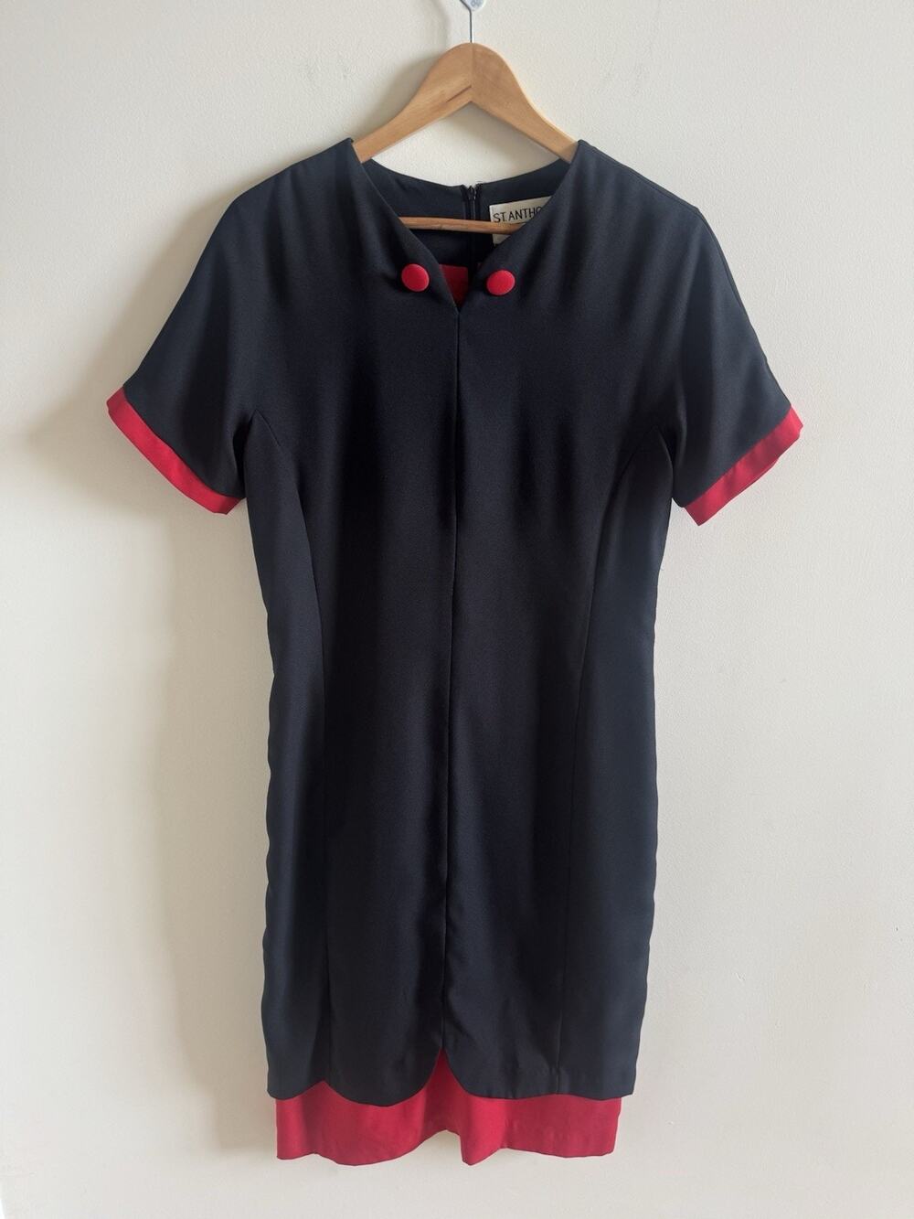 Vintage St. Anthony Evening Dress Womens 8 Colorblock Shift Black Red Trim
